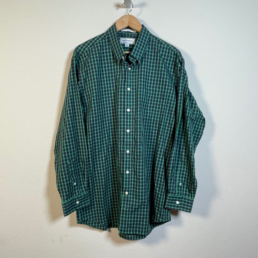 Paul Fredrick Dress Shirt Mens 17.5 35 Green Plaid Slim Fit Non-Iron Cotton